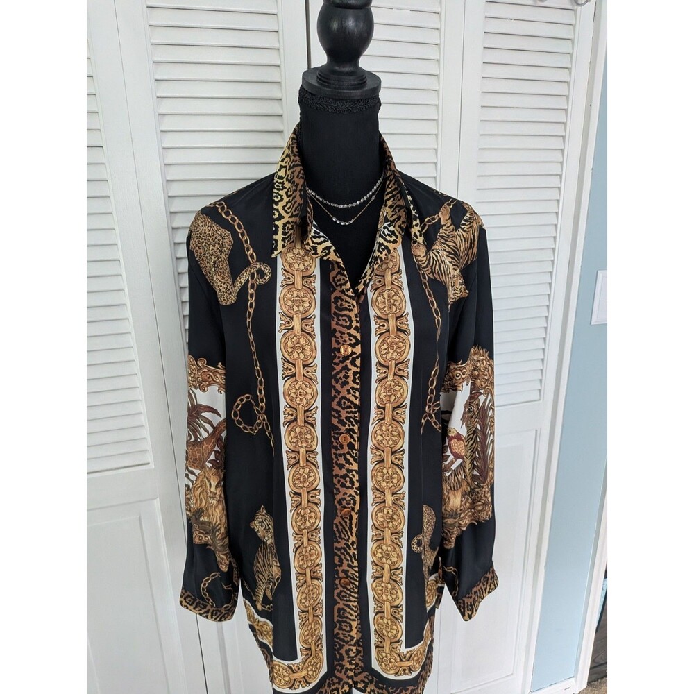 Vtg. Spenser Jeremy Silky Blouse Womens PL Top Animal Print Leopard Maximalist